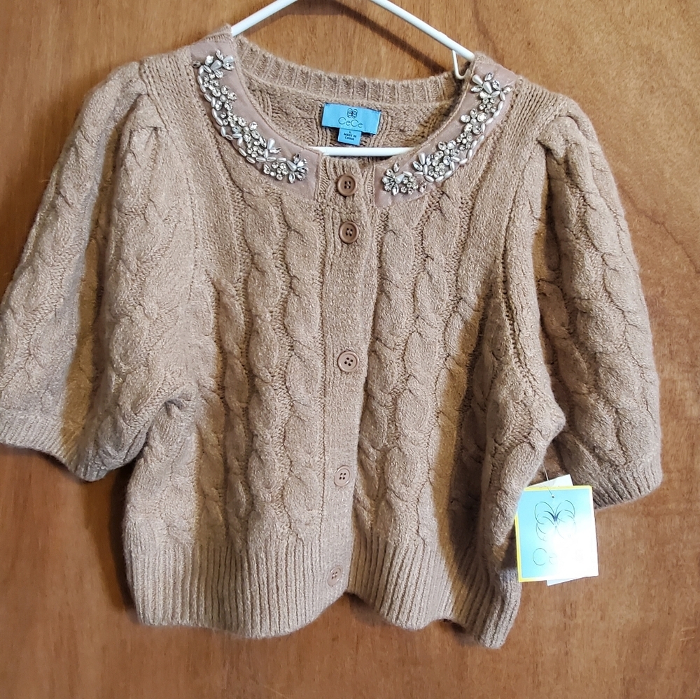 CECE NWT BURNT CARAMEL CARDIGAN SWEATER. PUFFED SLEEVES. JEWELED  . Large